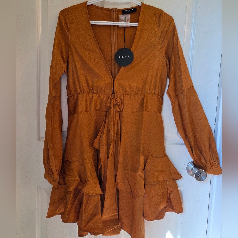 Storia V Neck Ruffle Long Sleeve Dress
